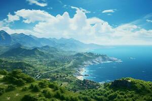 bellissimo paesaggio marino con un' Visualizza di il mare e montagne. ai generato professionista foto