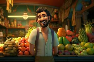 un' cartone animato personaggio nel un' drogheria memorizzare vendita frutta. ai generato professionista foto
