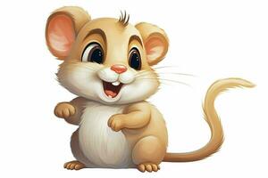 illustrazione di un' carino cartone animato topo seduta su un' bianca sfondo. ai generato professionista foto