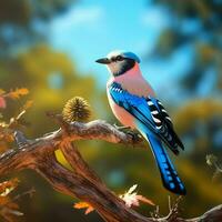 blu ghiandaia uccello seduta su un' ramo nel il autunno foresta. ai generato professionista foto