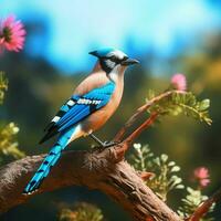 blu ghiandaia uccello seduta su un' ramo nel il autunno foresta. ai generato professionista foto