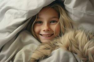 bellissimo poco ragazza dire bugie nel letto sotto coperta e sorridente a telecamera. ai generato professionista foto