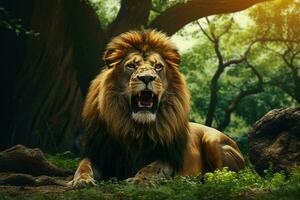 ritratto di un' grande maschio Leone nel il giungla. selvaggio animale. ai generato professionista foto