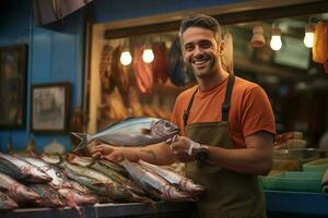 ritratto di un' sorridente di mezza età uomo vendita fresco pesce nel un' pesce negozio. ai generato foto