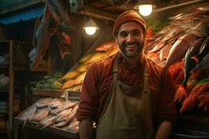 ritratto di un' sorridente di mezza età uomo vendita fresco pesce nel un' pesce negozio. ai generato foto