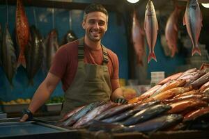 ritratto di un' sorridente di mezza età uomo vendita fresco pesce nel un' pesce negozio. ai generato foto