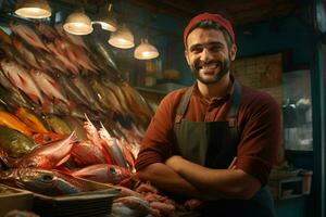 ritratto di un' sorridente di mezza età uomo vendita fresco pesce nel un' pesce negozio. ai generato foto