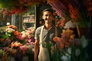 ritratto di un' sorridente maschio fioraio in piedi nel fiore negozio. ai generato professionista foto