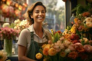 ritratto di un' sorridente famale fioraio in piedi nel fiore negozio. ai generato professionista foto