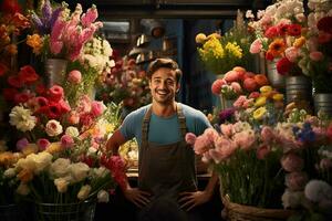 ritratto di un' sorridente maschio fioraio in piedi nel fiore negozio. ai generato professionista foto