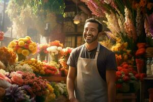 ritratto di un' sorridente maschio fioraio in piedi nel fiore negozio. ai generato professionista foto