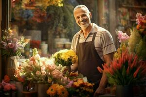 ritratto di un' sorridente maschio fioraio in piedi nel fiore negozio. ai generato professionista foto