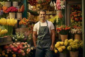 ritratto di un' sorridente maschio fioraio in piedi nel fiore negozio. ai generato professionista foto