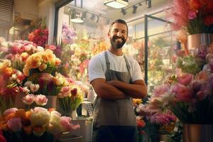 ritratto di un' sorridente maschio fioraio in piedi nel fiore negozio. ai generato professionista foto