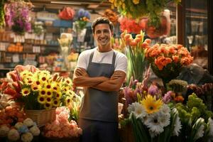 ritratto di un' sorridente maschio fioraio in piedi nel fiore negozio. ai generato professionista foto