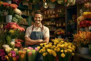 ritratto di un' sorridente maschio fioraio in piedi nel fiore negozio. ai generato professionista foto