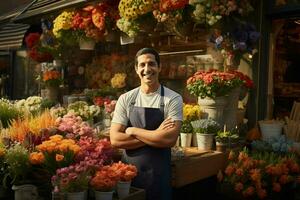 ritratto di un' sorridente maschio fioraio in piedi nel fiore negozio. ai generato professionista foto