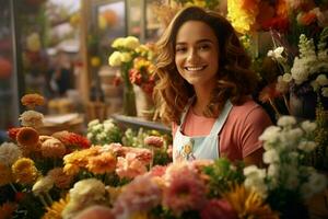 ritratto di un' sorridente famale fioraio in piedi nel fiore negozio. ai generato professionista foto