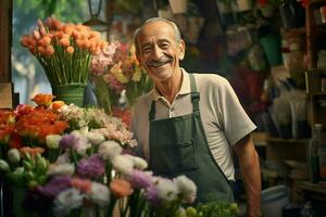 ritratto di un' sorridente maschio fioraio in piedi nel fiore negozio. ai generato professionista foto