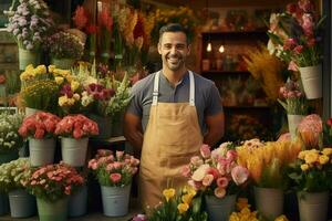 ritratto di un' sorridente maschio fioraio in piedi nel fiore negozio. ai generato professionista foto