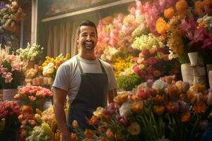 ritratto di un' sorridente maschio fioraio in piedi nel fiore negozio. ai generato professionista foto