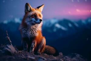 bellissimo Volpe su il sfondo di il notte cielo e montagne. ai generato professionista foto