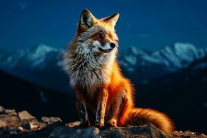 bellissimo Volpe su il sfondo di il notte cielo e montagne. ai generato professionista foto