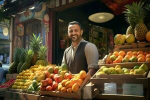 ritratto di un' sorridente uomo vendita frutta nel un' frutta negozio. ai generato professionista foto