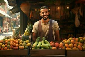 ritratto di un' sorridente uomo vendita frutta nel un' frutta negozio. ai generato professionista foto