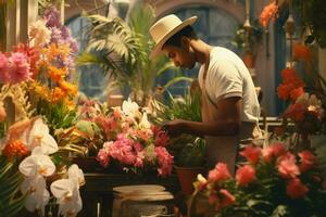 maschio fioraio Lavorando nel fiore negozio. fiore negozio concetto. ai generato professionista foto