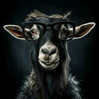 ritratto di un' capra con bicchieri su un' nero sfondo. studio sparo. ai generato professionista foto