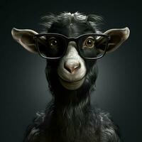 ritratto di un' capra con bicchieri su un' nero sfondo. studio sparo. ai generato professionista foto
