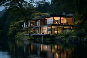 notte Visualizza di giapponese Casa di il lago con riflessione. ai generato professionista foto