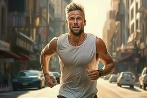 in esecuzione uomo jogging su città strada a Alba. sport fitness modello caucasico etnia formazione all'aperto. ai generato professionista foto