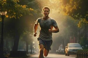 in esecuzione uomo jogging su città strada a Alba. sport fitness modello caucasico etnia formazione all'aperto. ai generato professionista foto