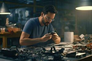 tecnico Lavorando con mobile Telefono a notte nel il fabbrica. tecnologia concetto. ai generato professionista foto