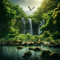 fantasia paesaggio con un' cascata e un' uccello volante nel il cielo. ai generato foto