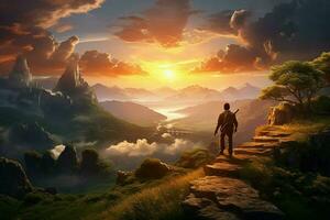 uomo con zaino in piedi su il superiore di un' montagna e guardare a il tramonto. ai generato professionista foto