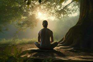 donna praticante yoga nel il foresta a Alba. salutare stile di vita concetto. ai generato professionista foto