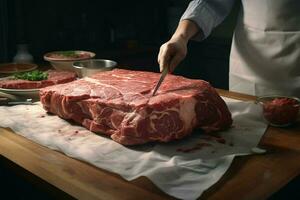 crudo fresco Manzo bistecca tagliare in pezzi su un' di legno taglio tavola. ai generato professionista foto