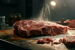 crudo fresco Manzo bistecca tagliare in pezzi su un' di legno taglio tavola. ai generato professionista foto