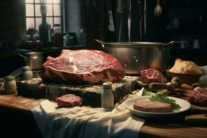 crudo fresco Manzo bistecca tagliare in pezzi su un' di legno taglio tavola. ai generato professionista foto