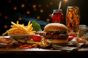 veloce cibo ristorante menù. hamburger, francese patatine fritte, insalata di cavolo, pollo pepite e insalate su di legno tavolo. ai generato professionista foto