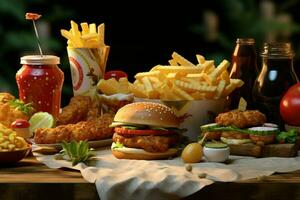 veloce cibo ristorante menù. hamburger, francese patatine fritte, insalata di cavolo, pollo pepite e insalate su di legno tavolo. ai generato professionista foto