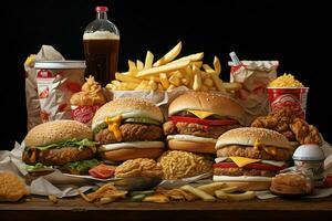 veloce cibo ristorante menù. hamburger, francese patatine fritte, insalata di cavolo, pollo pepite e insalate su di legno tavolo. ai generato professionista foto