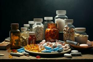 farmaceutico medicina pillole e capsule su di legno tavolo nel buio camera. ai generato professionista foto