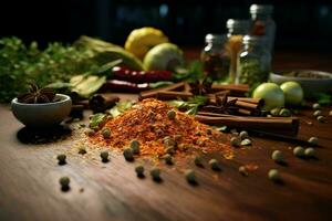 spezie e erbe aromatiche su il tavolo nel composizione con cucina Accessori. ai generato professionista foto