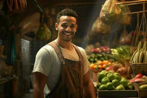 ritratto di un' sorridente uomo vendita verdure a un' drogheria negozio. ai generato professionista foto