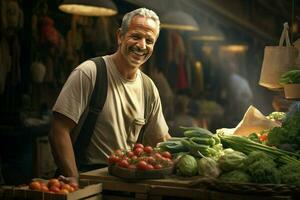 ritratto di un' sorridente uomo vendita verdure a un' drogheria negozio. ai generato professionista foto