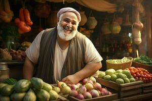 ritratto di un' sorridente uomo vendita verdure a un' drogheria negozio. ai generato professionista foto